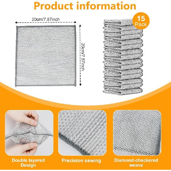 15PCS Multipurpose Wire Dishwashing Rag,Non Scratch Wire Dishcloth, Reble Steel Wool Scrubber,Non-Scratch&Quick-Drying&Odor-Resistant Multi-Purpose