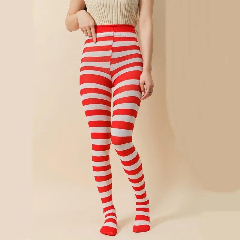 Gothic-Punk-Strumpfhose für Damen, gestreift, Regenbogen, lange Strumpfhose, Halloween, Weihnachten, hohe Taille, Cosplay-Strumpf, elastische, dünne Legging