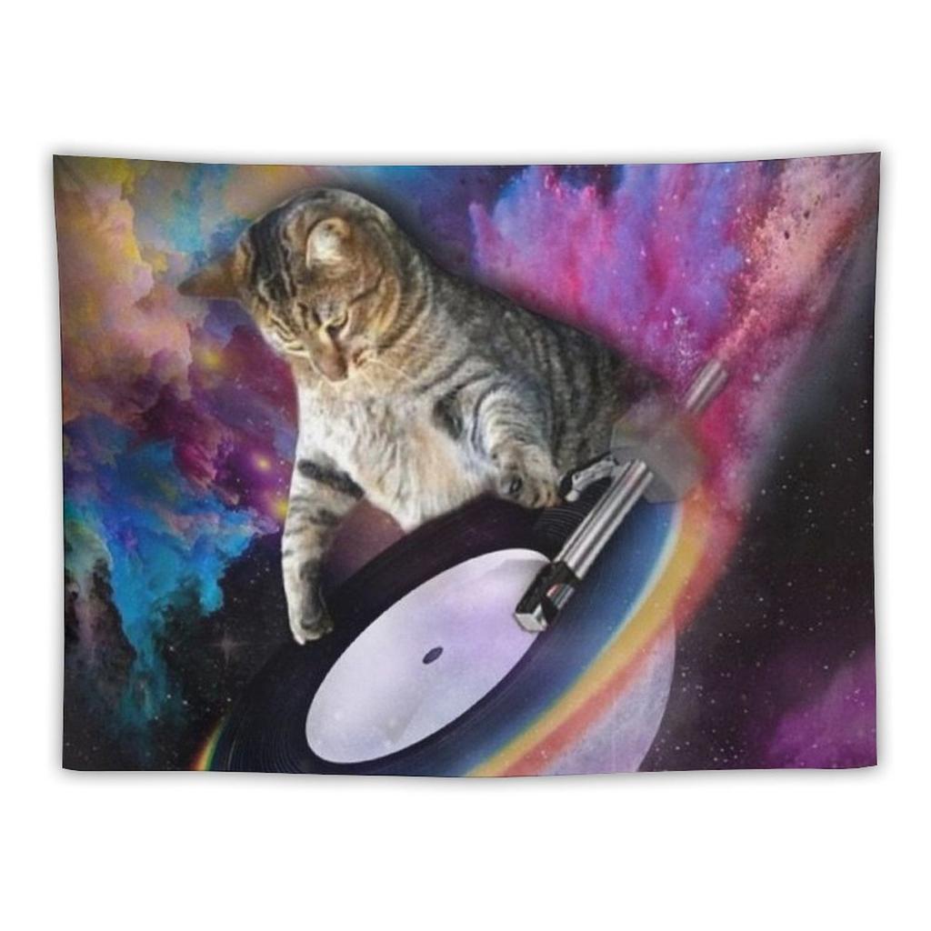 Whimsical Cat  Listening To Headphones Kitten Design Tapestry Room Decoration Home Decor Bedroom Wall Hanging Fabric