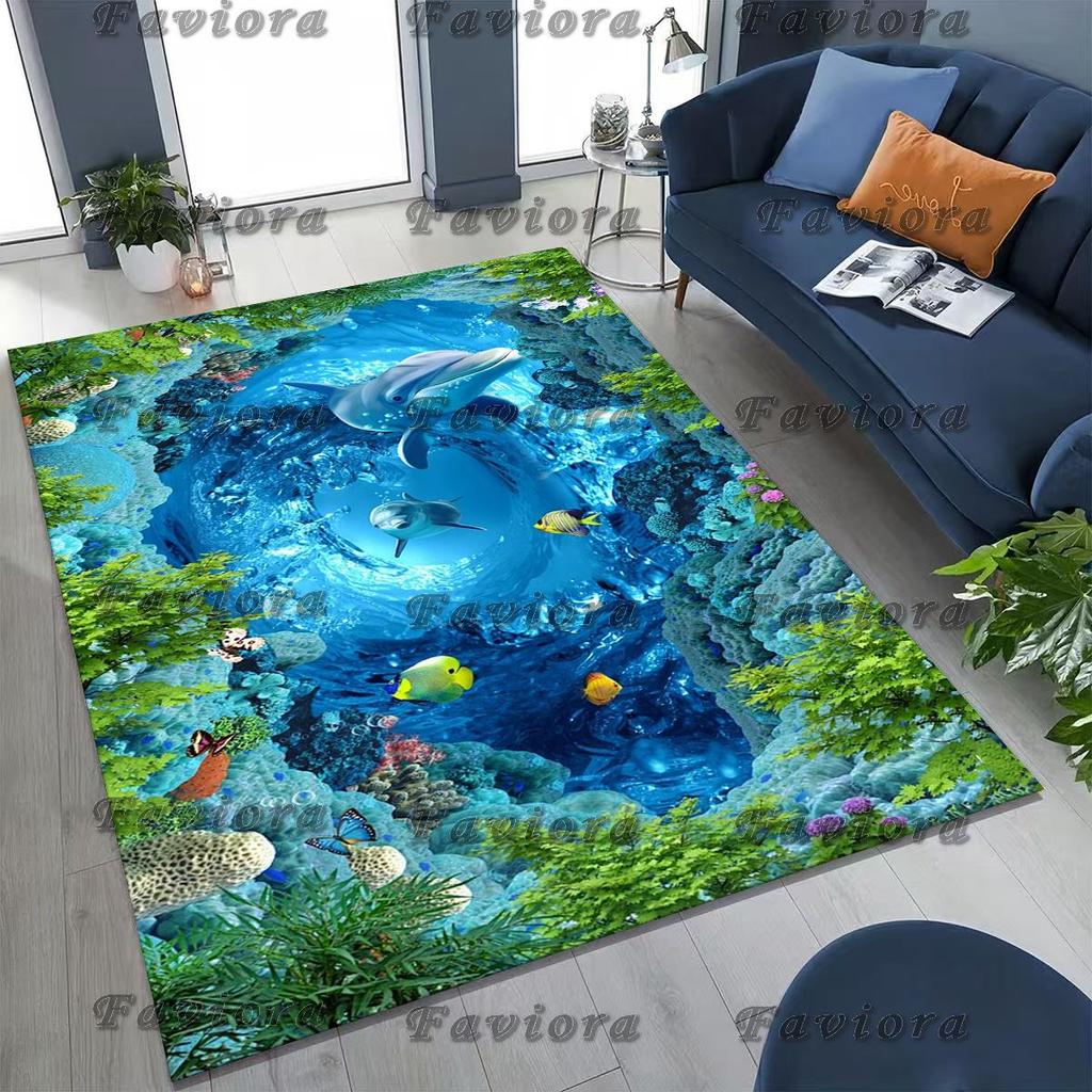 27 Style 3D Illusion Sea Underwater World Dolphin Rug for Bedroom Living Room Sofa Home Doormat Decor, Kids Non-slip Floor Mat