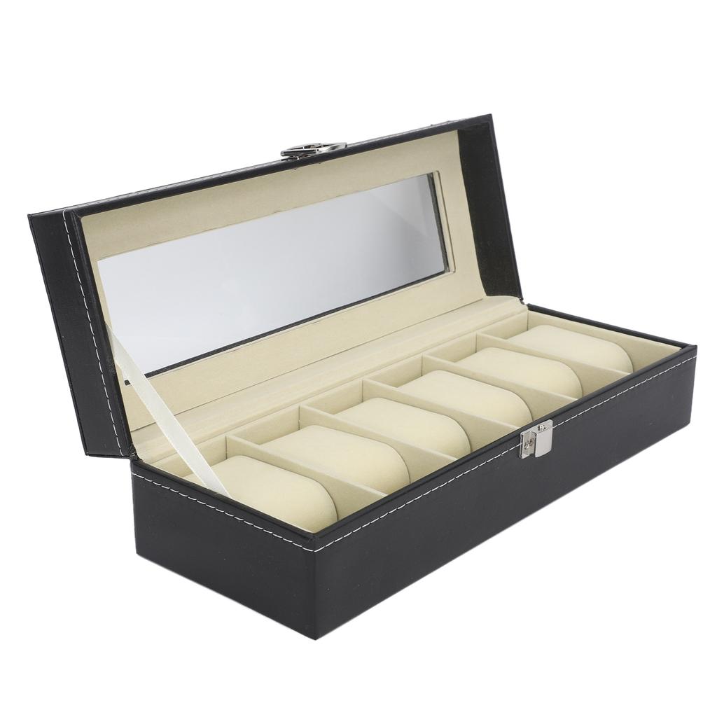 Uhrenbox PU-Leder 6 Fächer Uhrenetui Schmuckaufbewahrungsbox mit Klarsichtdeckel für Zuhause