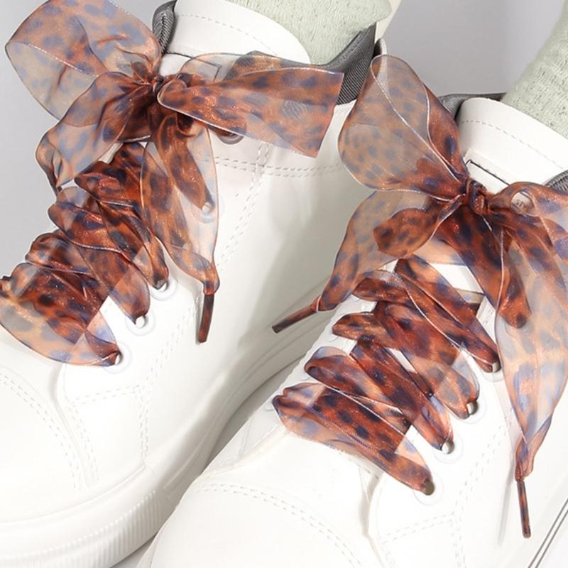 Leopard Print Sheer Shoe Laces 2.5cmX120cm Wide Flat Shoelaces Anti Slip Sneakers Shoe Lace Replacement For Men Women