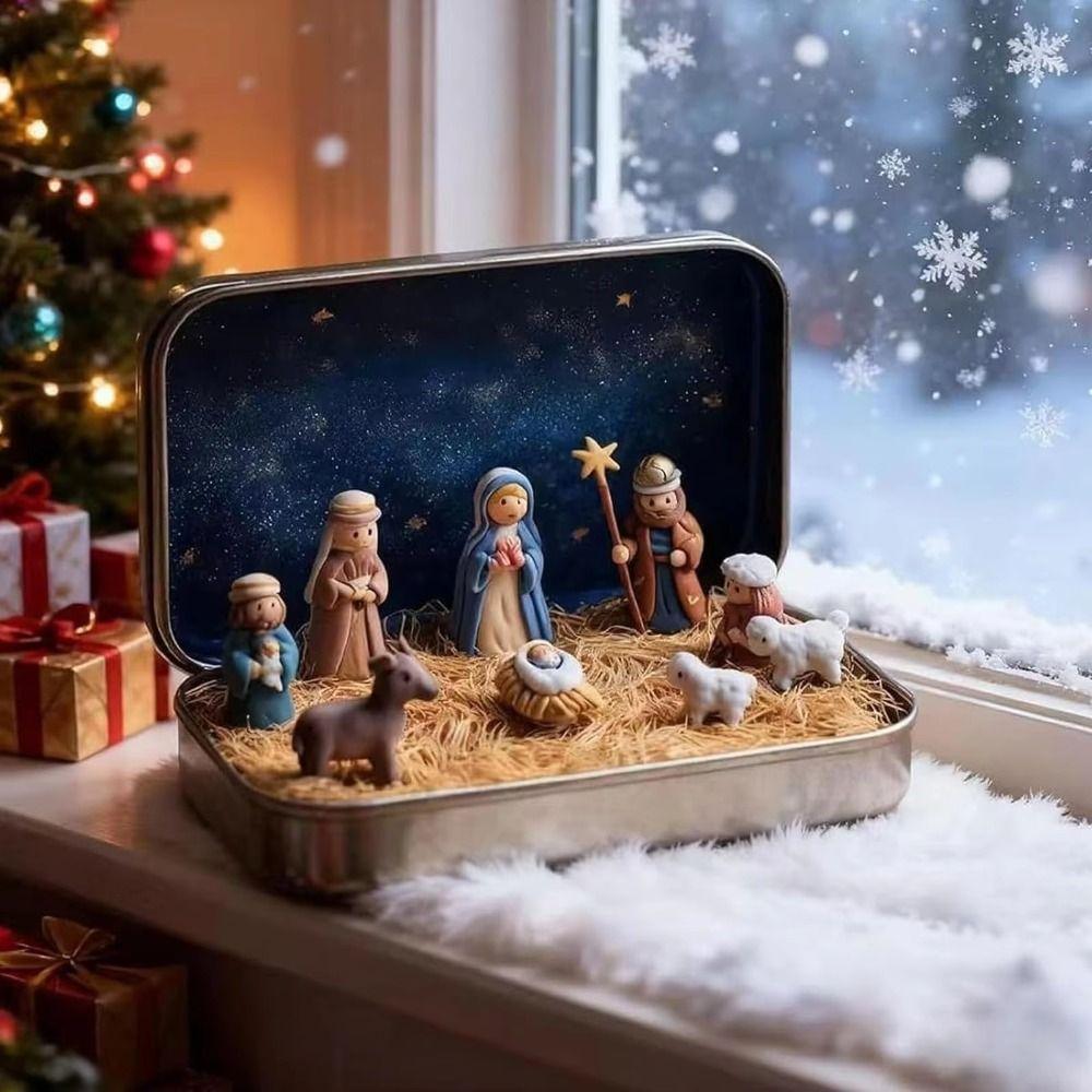 PVC Weihnachtskrippe Mini Größe Blechdose Verpackung Krippenfiguren Set Pferdetrog Design Miniatur Szene Figur