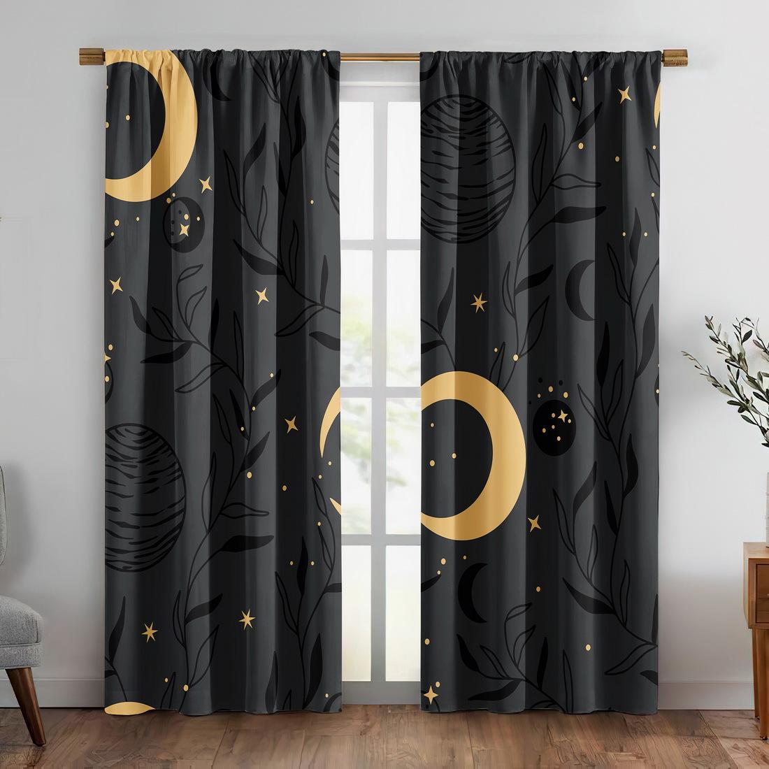 

Starry Sky Moon Print Curtains Polyester Fabric Suitable Bedroom Living Room Kitchen Made Of Machine Washable Window Treatment W100*H70(CM)-Grommet top&1PCS