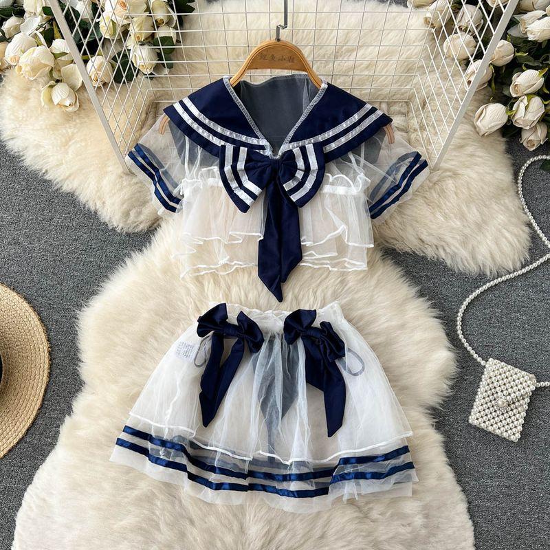 

Japanese Style Soft Girl Mesh Bubble Skirt Fashion Suit Blue All yards