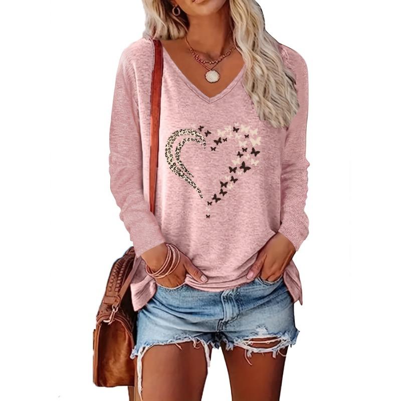 Plus Size, 2025 Spring/Autumn New Positioning Heart Print V-Neck Long Sleeve,