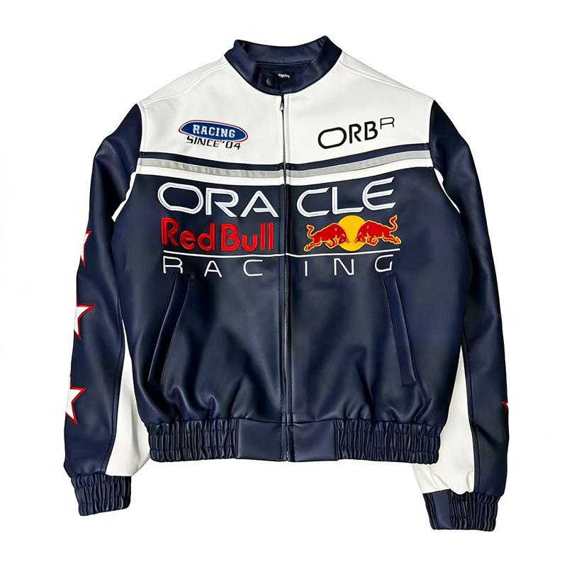 F1 Rennanzug Bestickte Lederjacke - Harley Retro Motorradstil, Baumwoll-Fahranzug, PU-Jacke