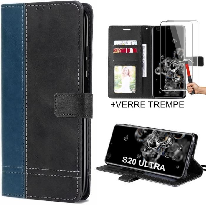 Case for Samsung Galaxy S20 Ultra + 2 Tempered Glasses, Shockproof Leather Effect Navy Blue