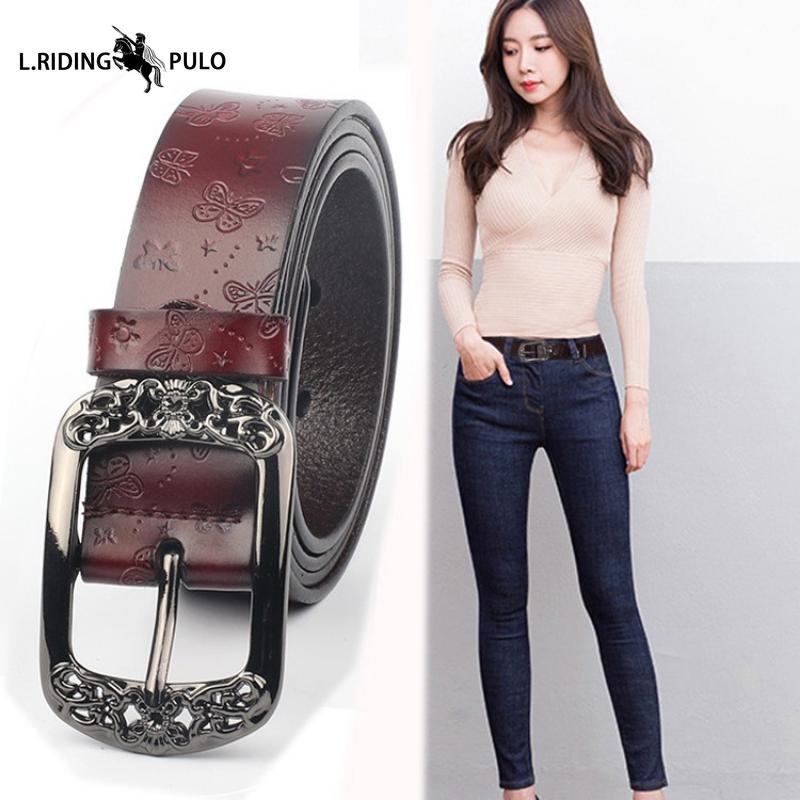 Dámské pásky Retro Všestranné Ražené Motýl Pravá Kůže Pásky Široké Hovězí Kůže Dámské Pásky