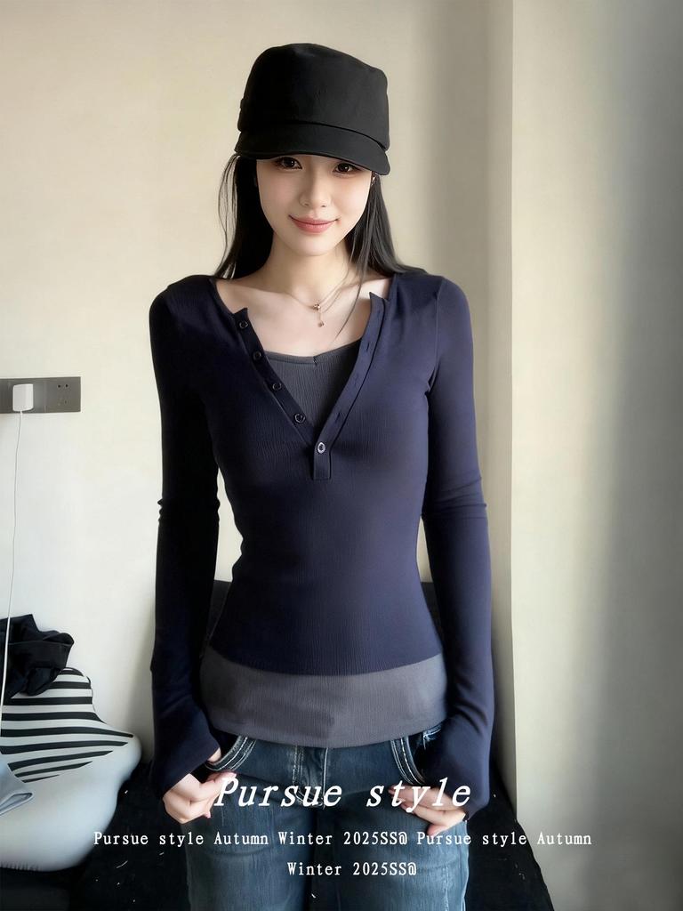 Women's Color Blocked Brushed Cotton Faux Two-Piece Henley Long-Sleeve Slim-Fit Top
