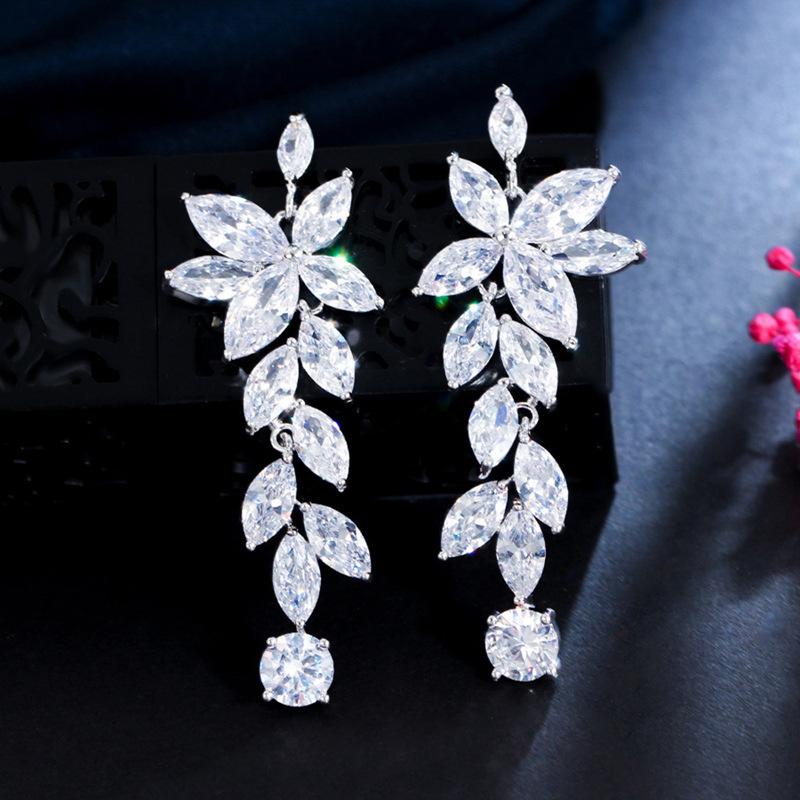 Long Flower Celebrity Zircon Stud Earrings, Temperament Inlaid Zircon Earrings, Street Stage Accessories