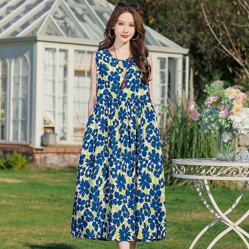 Elegant Plus Size Floral Cotton-Silk Sleeveless Summer Dress