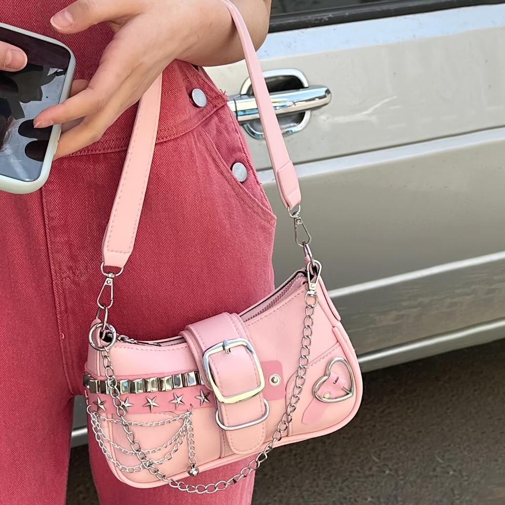 Y2K Style Small Shoulder Bag with Magnetic Closure, Polyester Lining, Chain Strap, Punk-Inspired Design, Pastel Pink Color