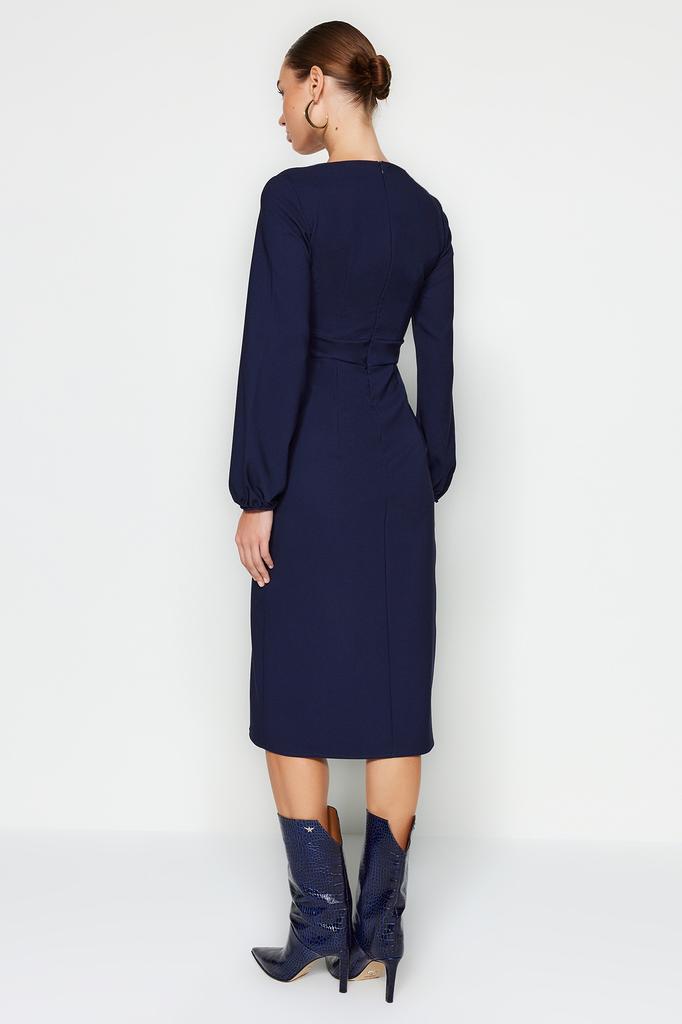 Women's Dress New Season Fashion Navy Blue Slit Square Collar Woven Dress