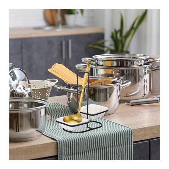 Uxcell Stainless Steel Upright Spoon Rest Holder Set with 2 Square Ceramic Bowls, Portable Vertical Spoon Rest for Home Kitchen Restaurant Counter,
