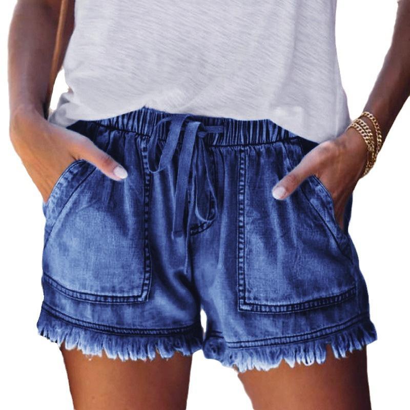 2026 New Elastic Waist Drawstring Casual High-Waisted Slimming Women's Denim Shorts