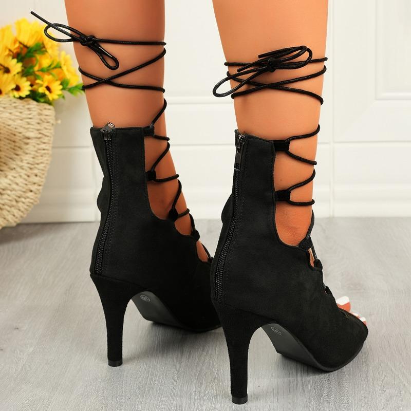Fashion Women's Fashion Stiletto Sandals Summer New Round Head Open Toe Front Lacing Non-slip Wear-resistant High Heels