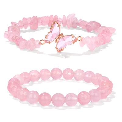 2'li Pembe Kuvars Bileklik|Doğal Taş Parçaları & Kristal Kelebek Boncuklar|Enerji Şifası Çift Seti|Unisex Kristal Takı