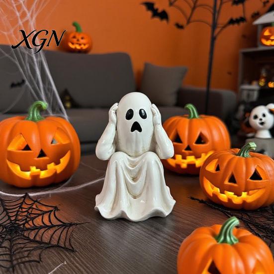 Creative Holiday Collection Figurines Halloween Ghost Figurine, Resin Miniature Chain Ghost, Face-Palm Pumpkin Craft Ornaments for Collections