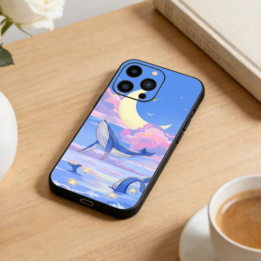 Whale Fall-Art Phone Case For iPhone 17 16 15 14 13 12 Max Plus Silicone Black Cover
