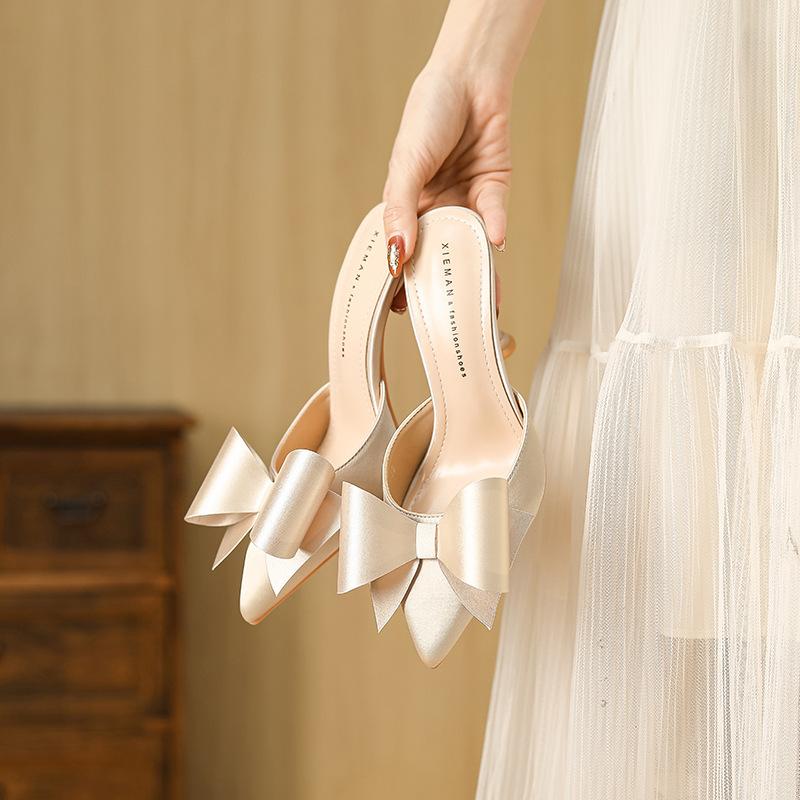 Fashion new bow bag head half-drag stiletto women's classic satin temperament high-heeled slippers