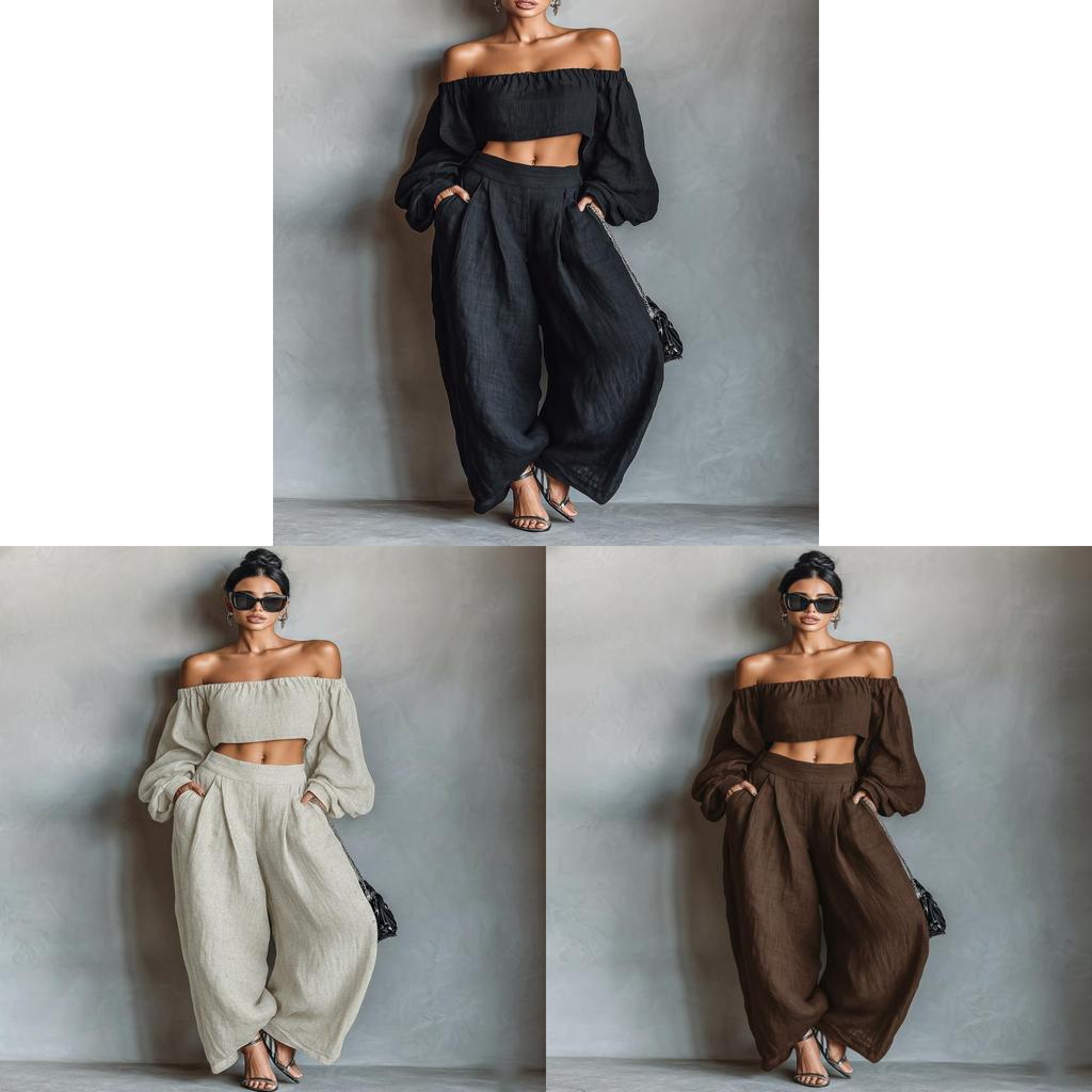 Spring Womens Off Shoulder Crop Top And Wide Leg Pants Set With Spliced Design For Casual Wear