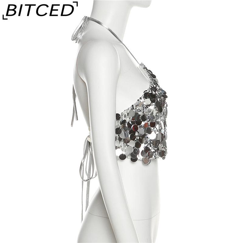 BITCED Summer Women's Fashion Sexy Halterneck Backless Sequinned Crop Top