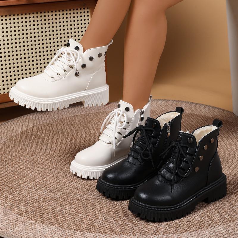 Fashion Studded Side Zip Cotton Boots Fall New Round Toe Lace-Up Front Platform Non-Slip Shorthole Boots