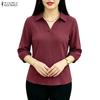 Women Turn Down Coillar Loose Casual 3/4 Sleeve Blouse