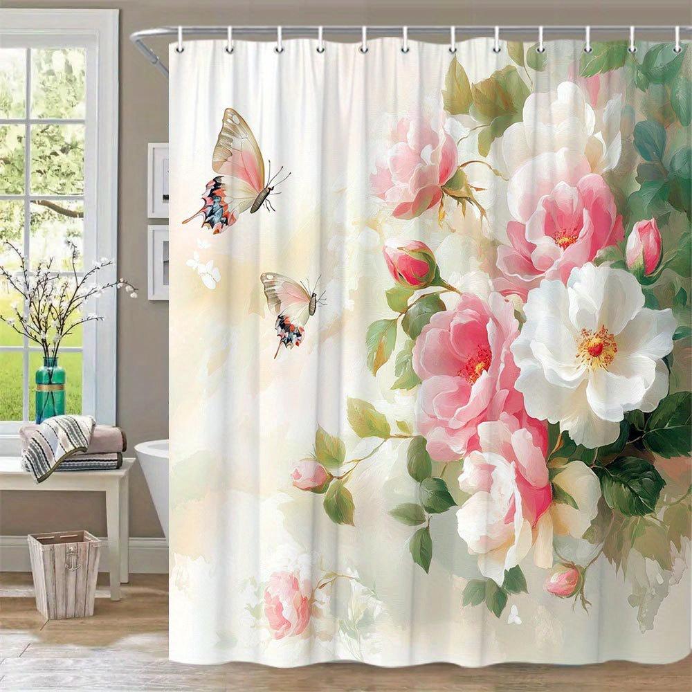 

1Pc Romantic Roses Bath Curtain Delicate Pink White Bouquet Green Leaves Translucent Butterflies Cream Pale Pink Gradient Backgr W60H190(CM)-1 Pcs