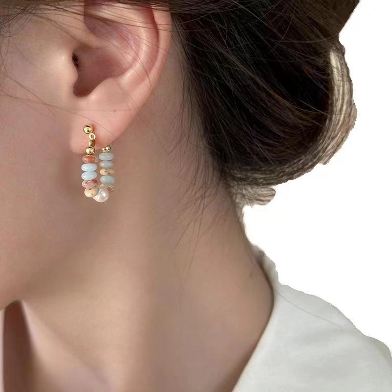 Chic Colorful Stone Beaded Hoop Earrings For Women Sweet Gold Color Metal Earrings Korean Daily Wear Jewelry