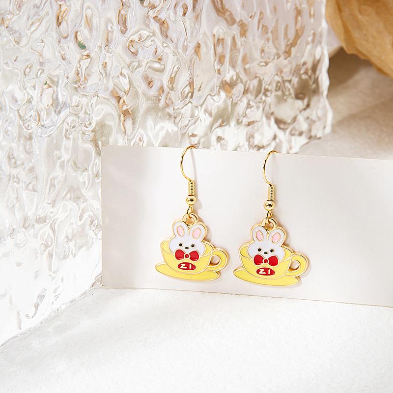 Fun Cartoon Asymmetrical Oil Drop Earrings, Guochao Panda Animal Fruit Earrings, Cute Mushroom Leaf Earrings