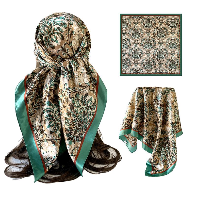 Vintage-print silk scarf, 90×90cm, faux silk headscarf, glossy satin headscarf, head-wrapping scarf 90*90cm