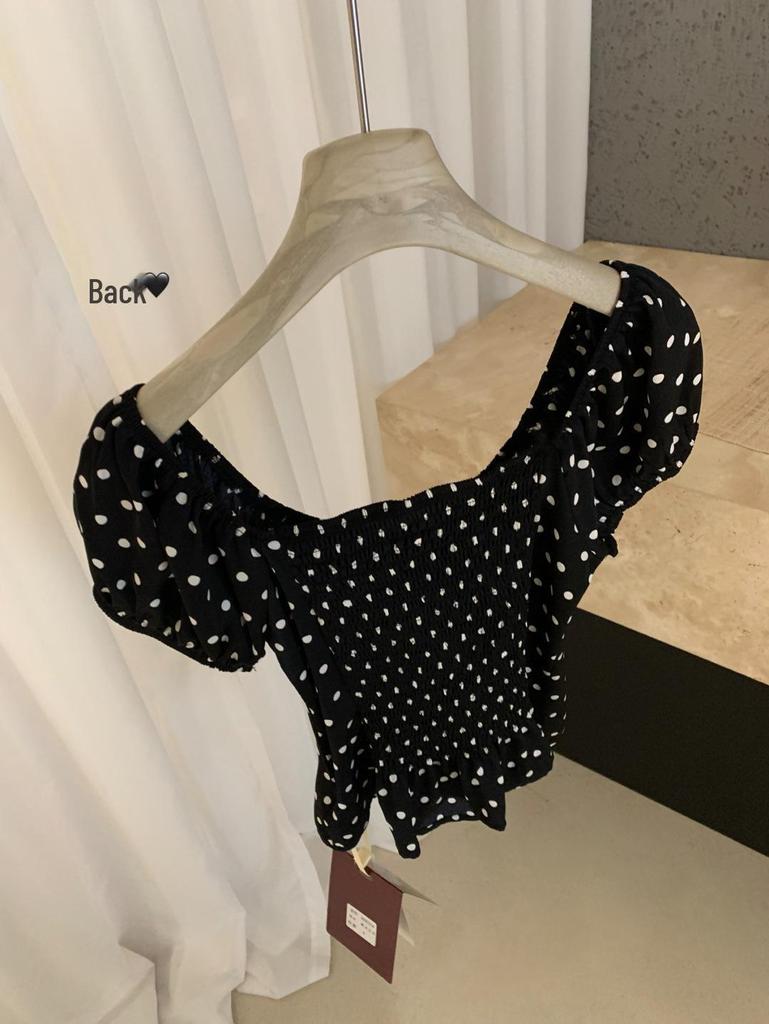 Guangzhou Women's Polka Dot Short Sleeve Square Neck Tie Shirt - Autumn/Winter Trendy