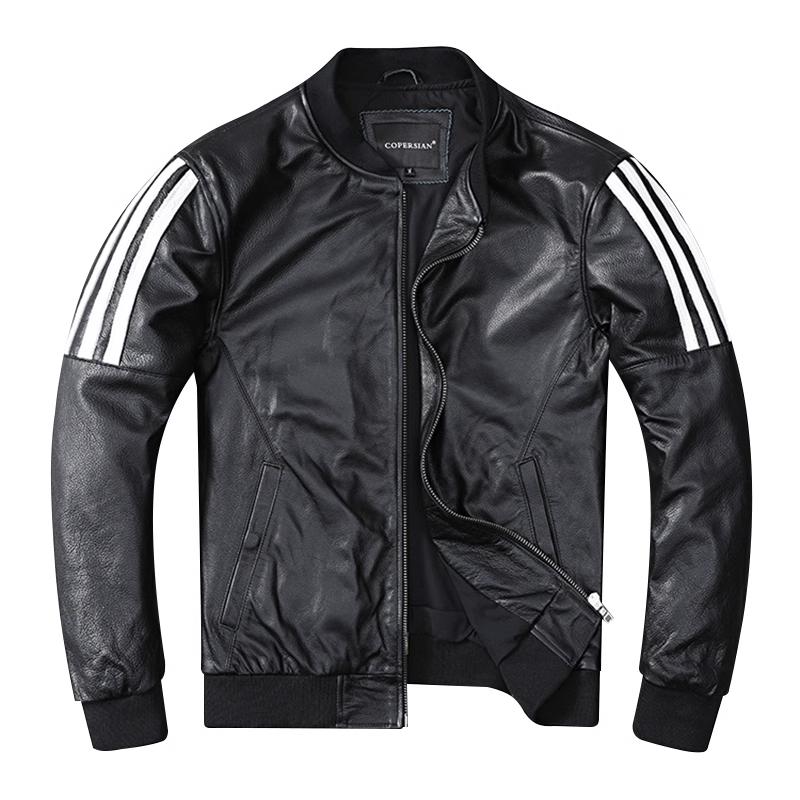 Embroidery Patches Baseball Jackets Genuine Cowhide Leather Jacket Men Motorcycle Biker Coats Autumn Mens Coat
