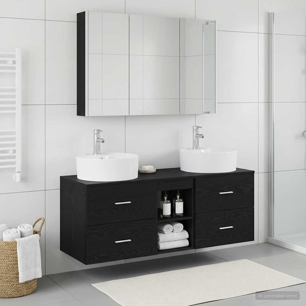 Bathroom Furniture Set 4 Pcs Black Oak Engineered Wood and Glass