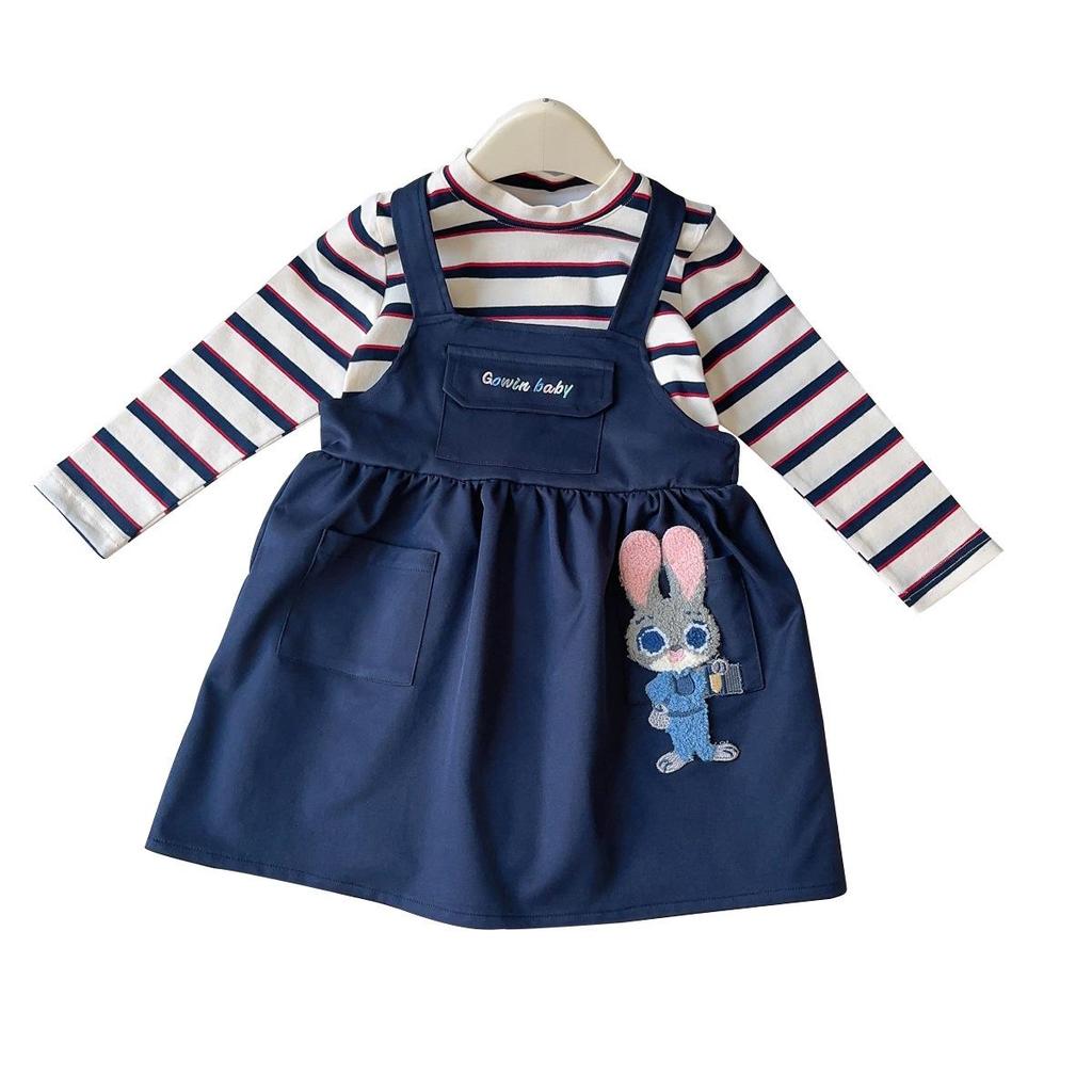 Girls' Rabbit Police Officer 2-Piece Set: Striped Shirt & Suspender Skirt for Casual Wear (Style AQB039)