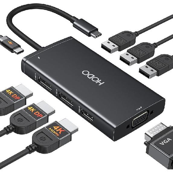 Док-станция USB C с двумя DisplayPort, Док-станция с двумя мониторами для Dell HP, Док-станция для ноутбука с 3 мониторами, Адаптер-хаб USB C с 2 DP 8 IN 1 Black