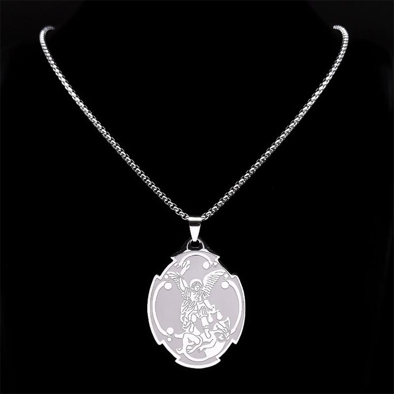 Archangel St.Michael Medal Necklace Stainless Steel Guardian Bible Angel Saint Michael Pray for Us Necklace Jewelry collar N8451