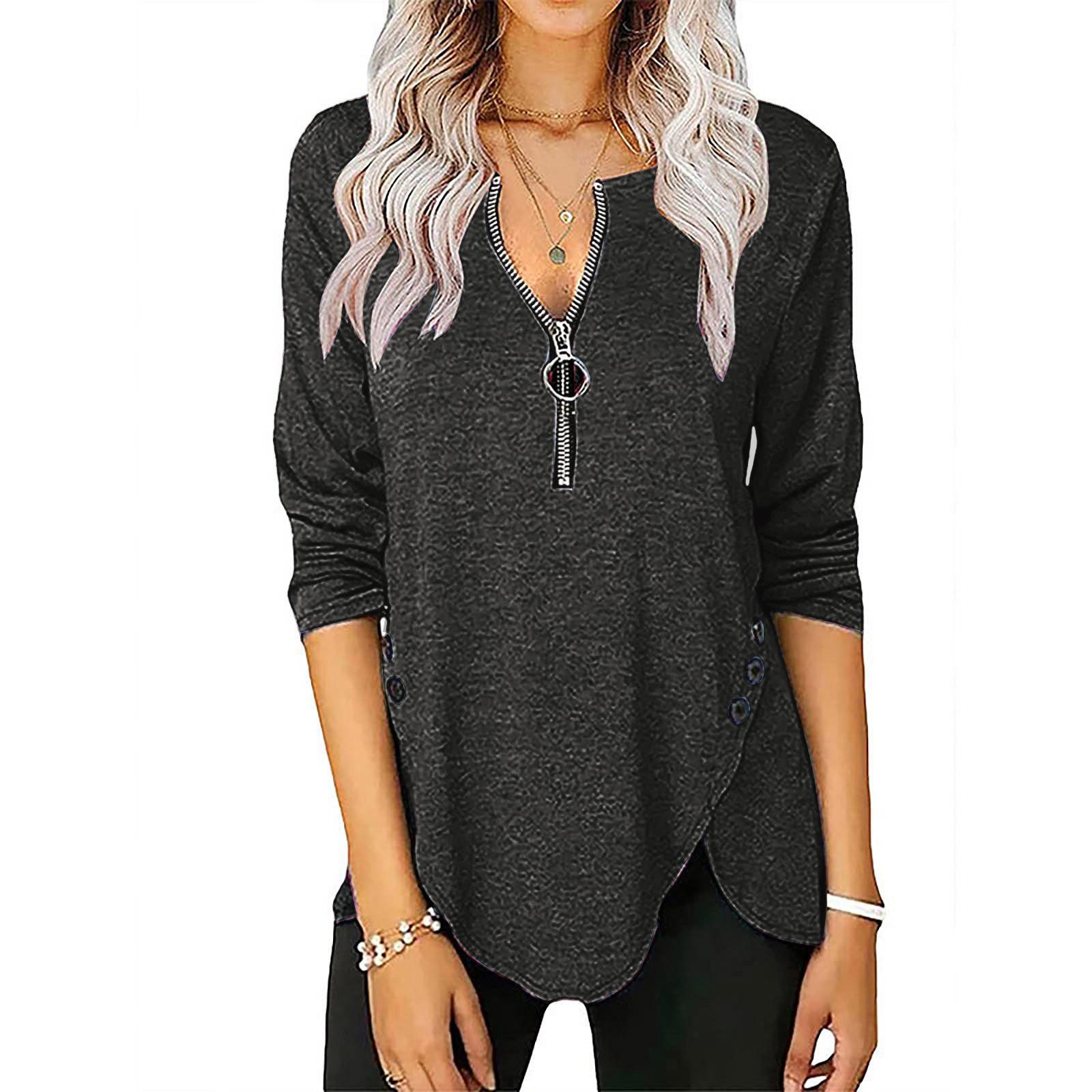 

Женская повседневная футболка с длинным рукавом на молнии и пуговицами на шее XXXL чёрный