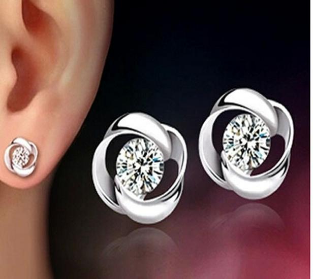 925 Sterling Silver Women's Diamond Stud Earrings, Korean Fashion