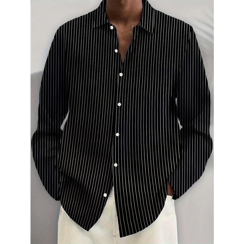Casual Striped Print Men S Plus Size Button-Up Long Sleeve Shirt S