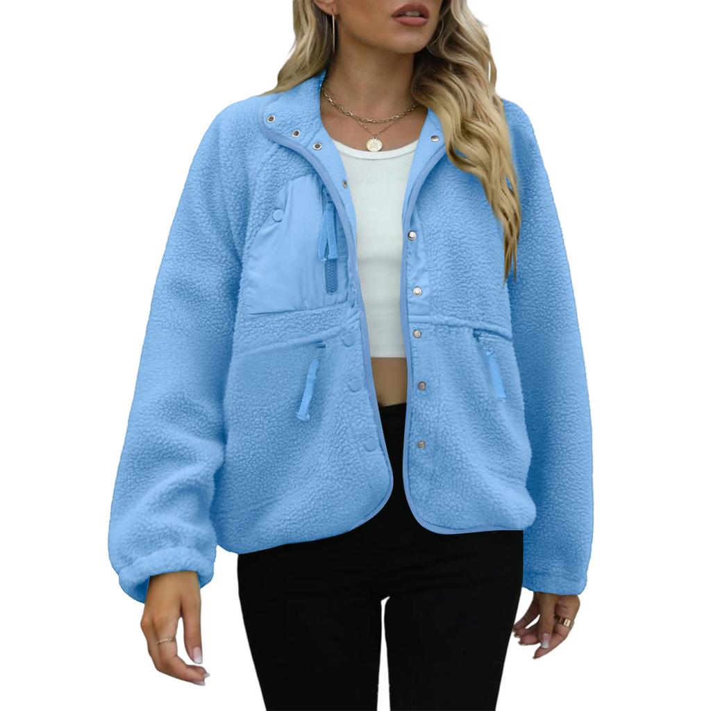 Women's Fashion Casual Stacked Lapel Single Button Fleece Sports Sweatshirt Jacket Outerwear