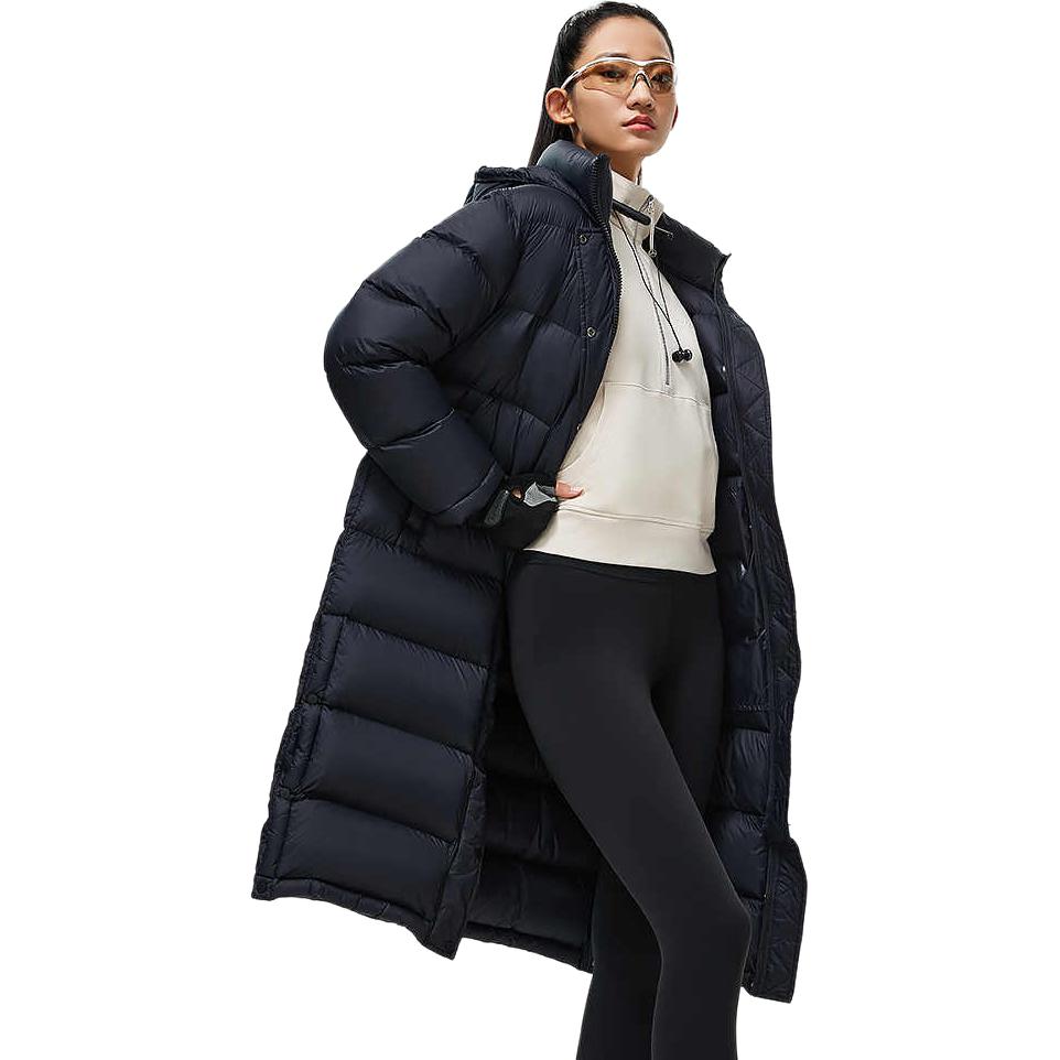 Li Ning Solid Color Long Hooded Down Jacket Women Outerwear Black AYMT088-1