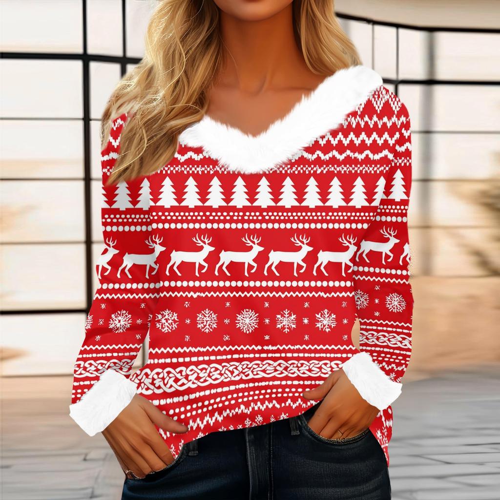 Women's Casual Long Sleeve Christmas Print Top with Plush Collar Holiday Tunic