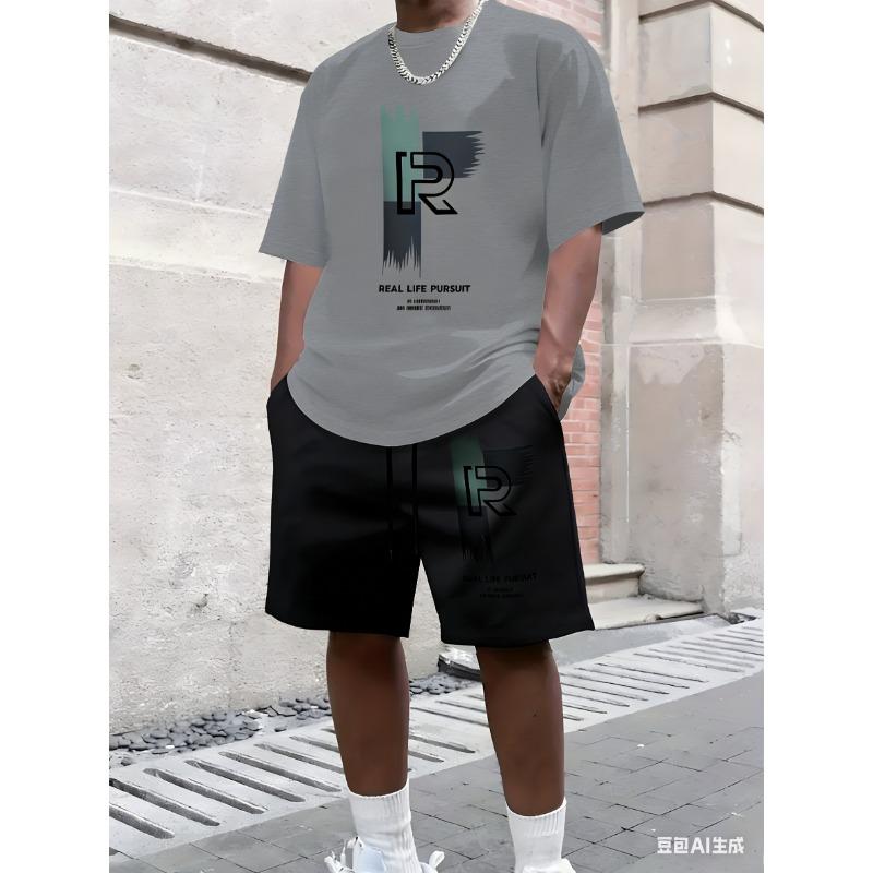 Summer Pattern Printed Men's Casual Two-piece Set Round-neck
