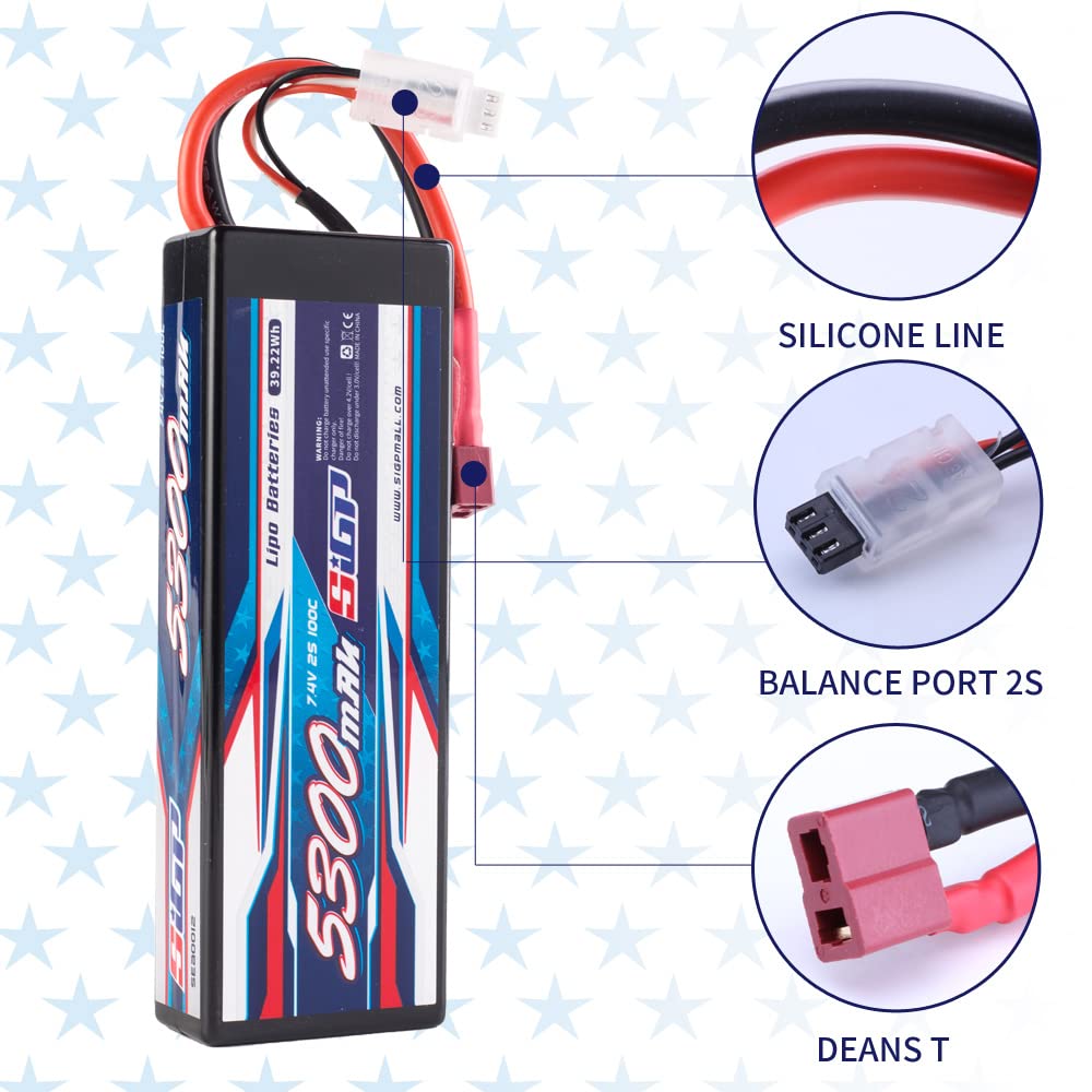 SIGP 2S 7.4V 5300mAh LiPo 100C T-Plug Hard Pack for RC Drones, Helicopters, Trucks, Truggys, FPV Racing, Two Packs