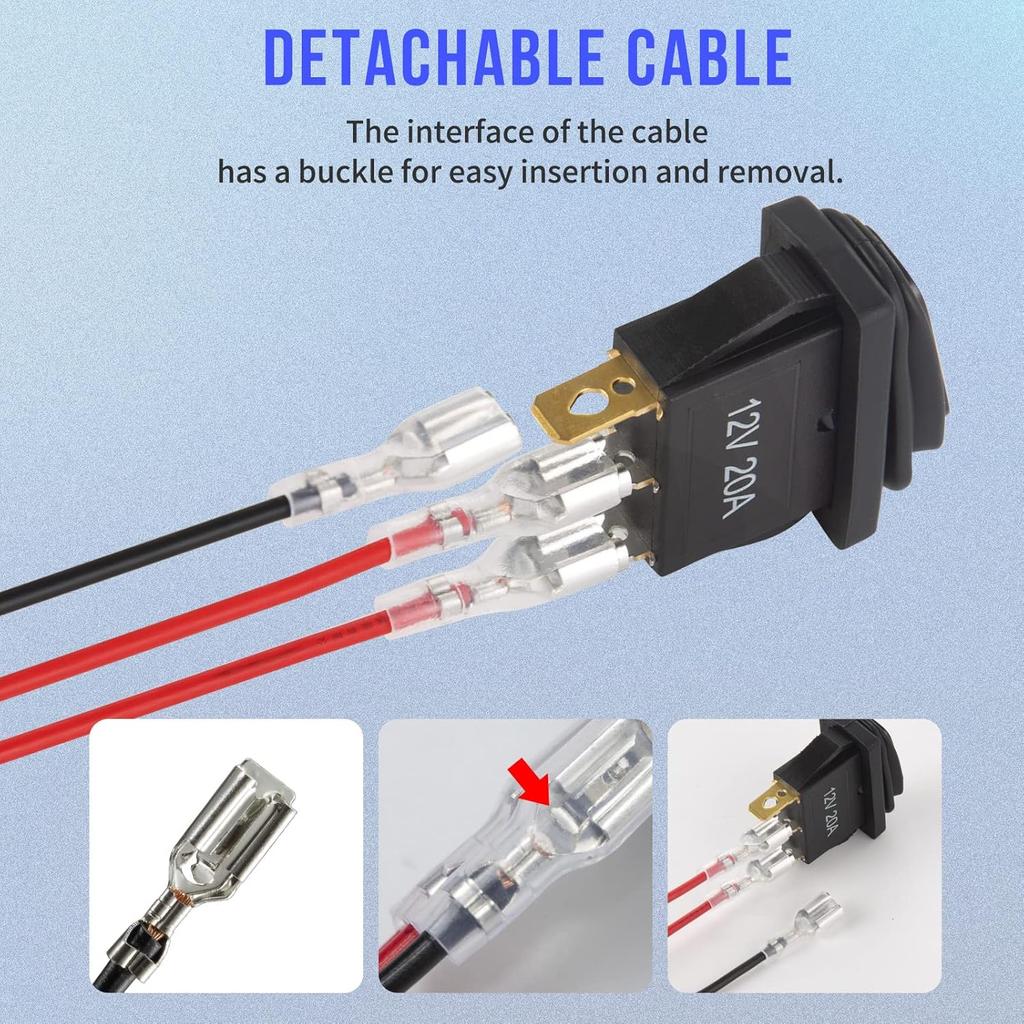 12V Rocker Switch Waterproof 5 PCS - 12 Volt Toggle Switch With 3 20Cm Detachable Wires, SPST 3 Pin On Off Switches Snap-In Design Square Switch With