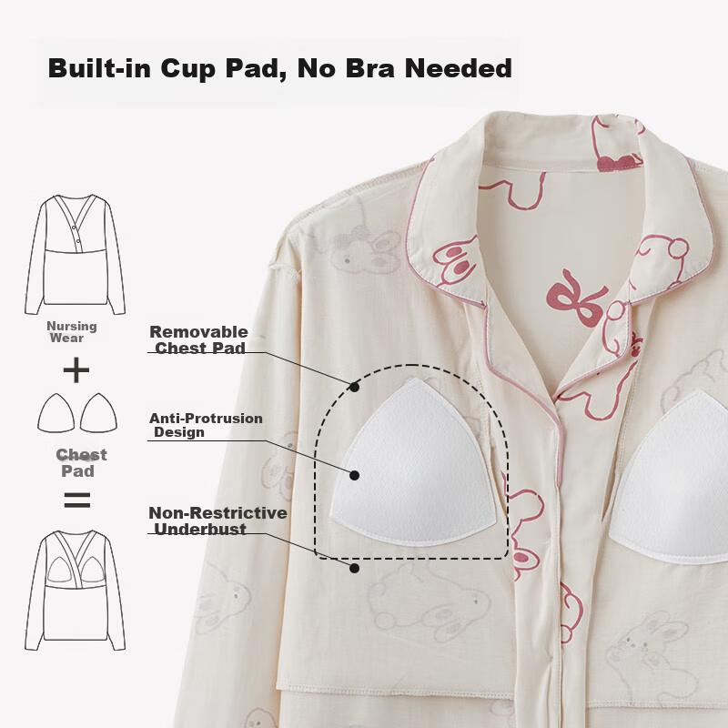 BOPRUIEY Maternity Pajamas with Chest Pads 100% Cotton Autumn Winter Antibacteria oose Homewear Suitabe for Outside Wear