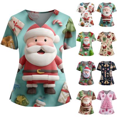 Women's Christmas Print V-Neck Double Pocket Short Sleeves Hem Slit Uniform And Caregiver Top
